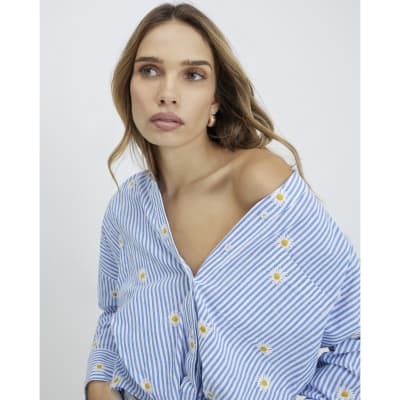 Blue Striped Daisy Embroidered Knot Shirt