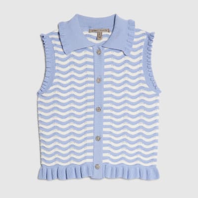 Blue Striped Knit Collared Tank Top