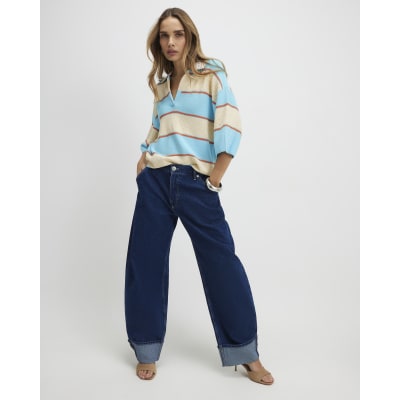 Blue Striped Knitted Polo Shirt