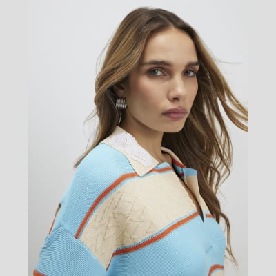Blue Striped Knitted Polo Shirt