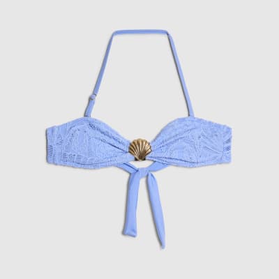 Blue Textured Shell Bandeau Bikini Top
