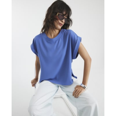 Blue Turn Back Drape Sleeve T-Shirt