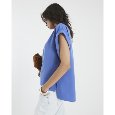 Blue Turn Back Drape Sleeve T-Shirt