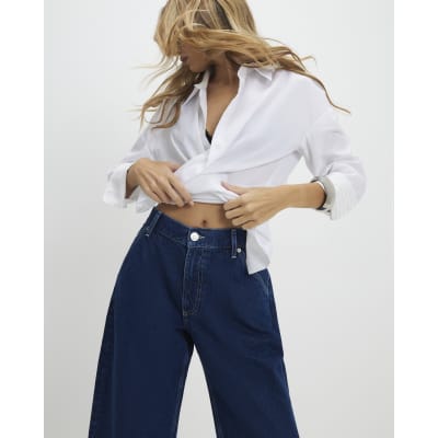 Blue Turn Up Cuff Barrel Leg Jeans