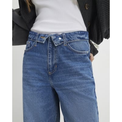 Blue Turned Down Waist Wide Leg Jeans
