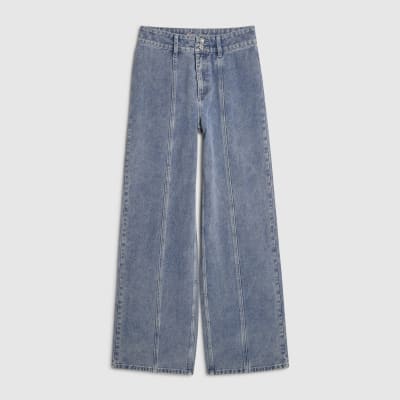 Blue Washed Bling Button Wide Leg Jeans