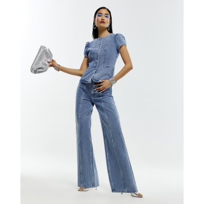 Blue Washed Bling Button Wide Leg Jeans