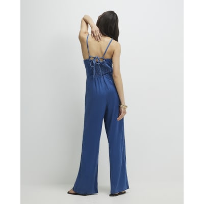 Blue Wide Leg Denim Jumpsuit