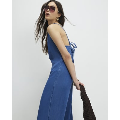 Blue Wide Leg Denim Jumpsuit