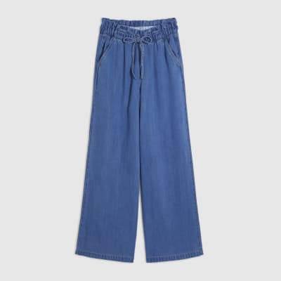 Blue Wide Leg Paperbag Jeans