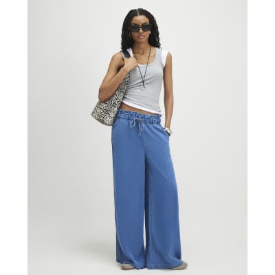 Blue Wide Leg Paperbag Jeans