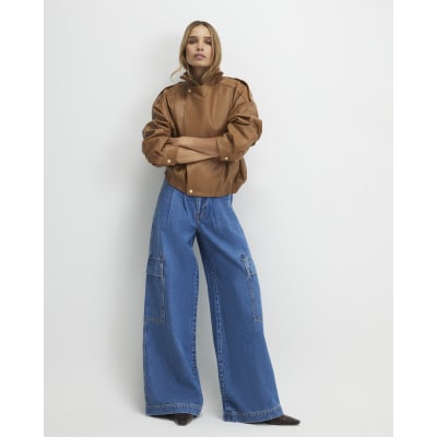 Blue Wide Leg Pleated Cargo Pocket Jeans