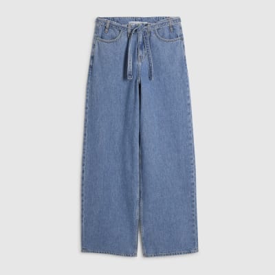 Blue Wide Leg Tie Front Jeans