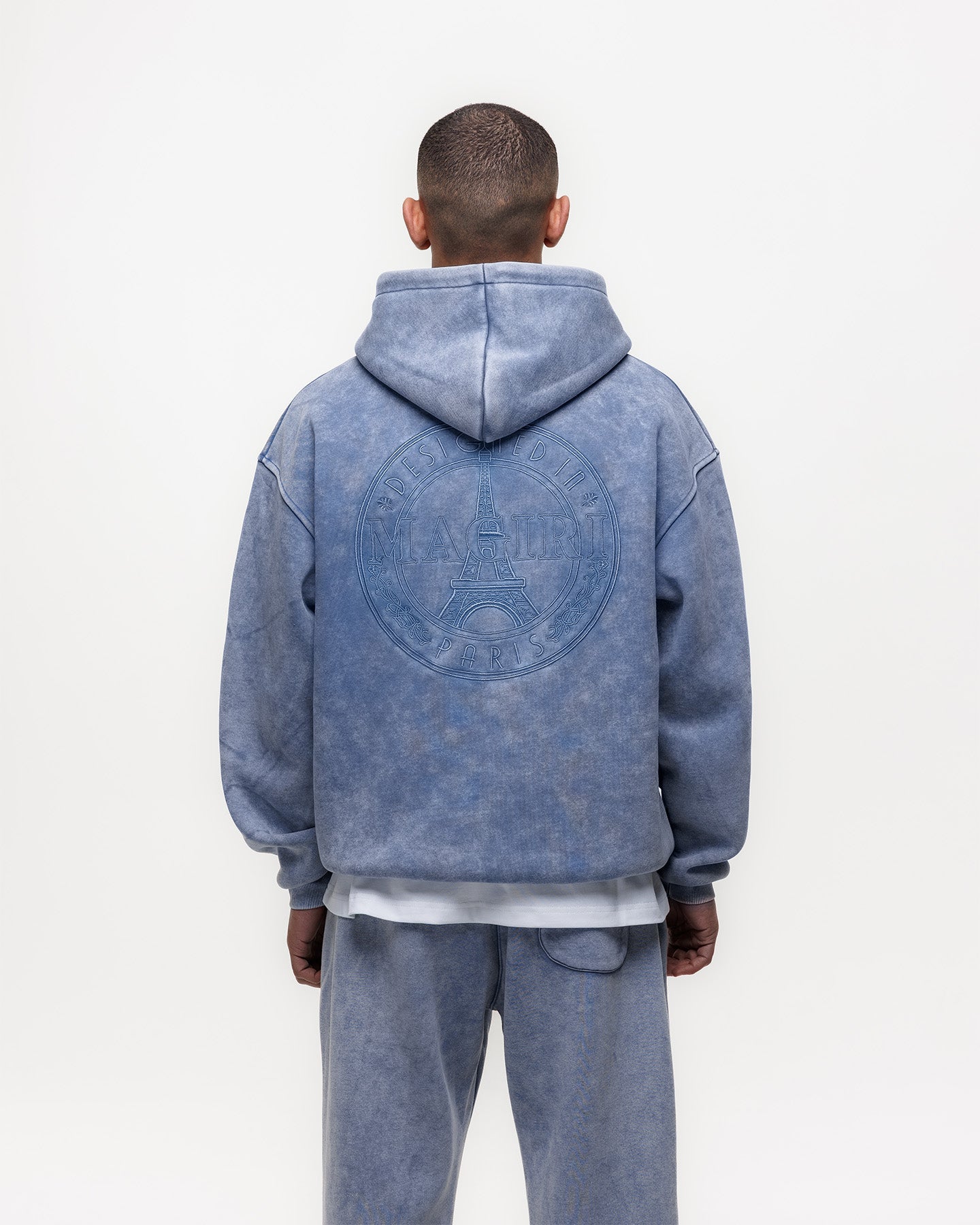 Magiri Embroidered Acid Wash Hoodie & Jogger Tracksuit in Washed Blue