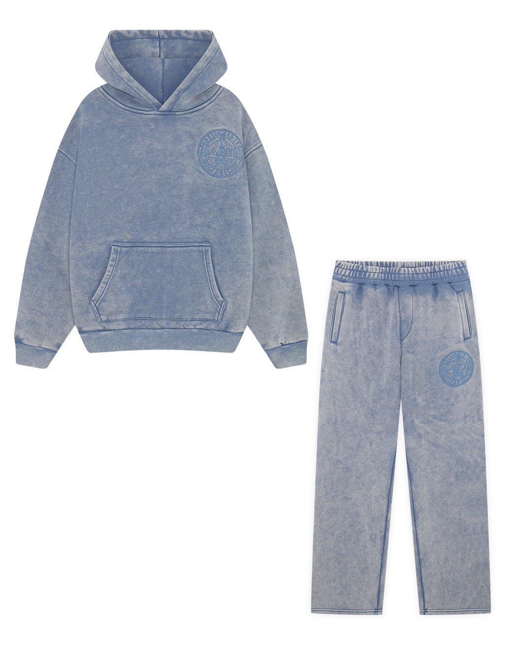 Magiri Embroidered Acid Wash Hoodie & Jogger Tracksuit in Washed Blue