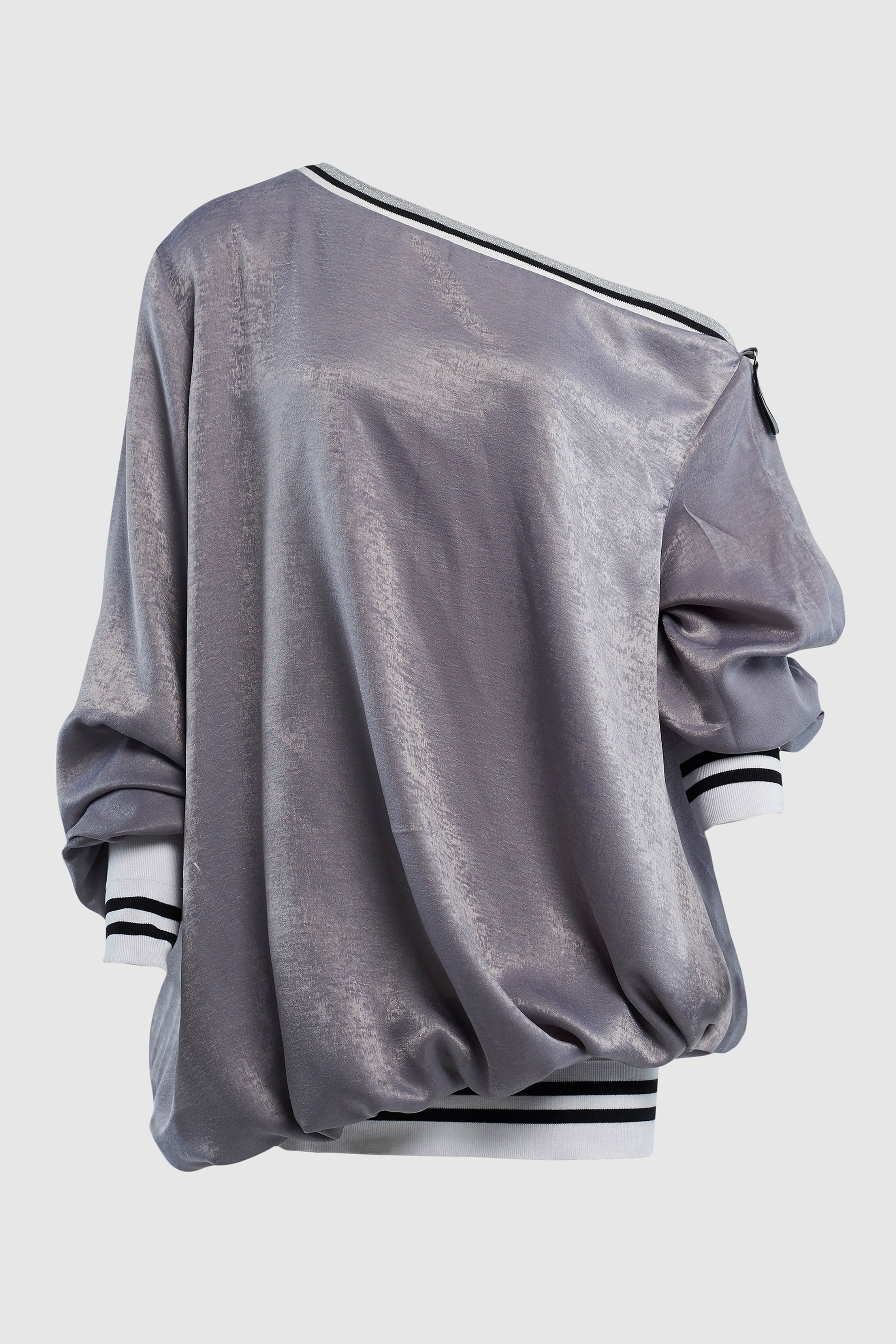 OFF THE SHOULDER SATIN BOMBER SWEATER