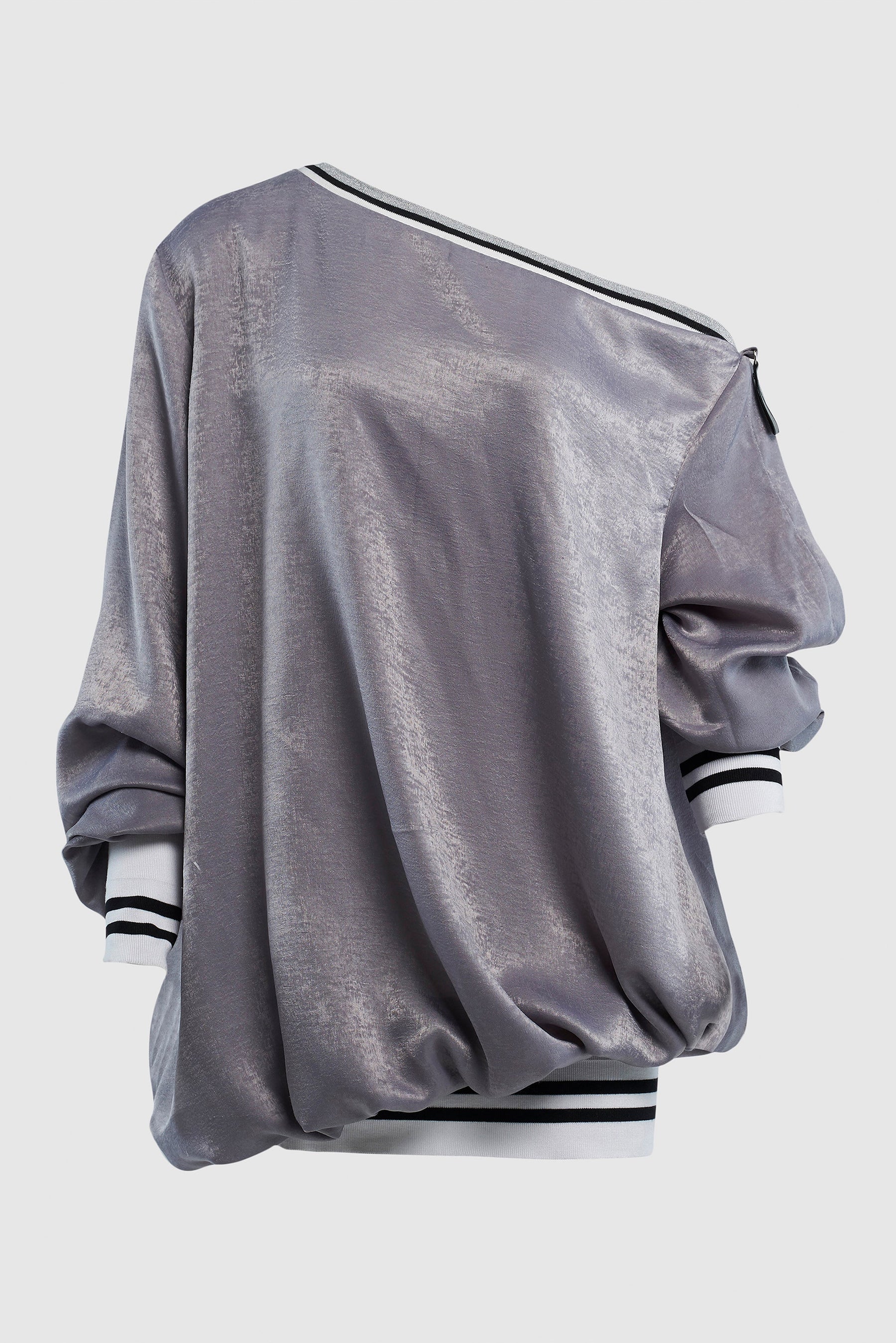 OFF THE SHOULDER SATIN BOMBER SWEATER