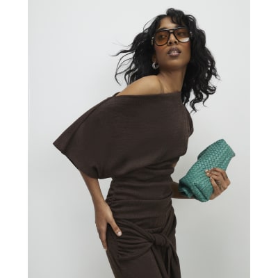 Brown Banded Hem Drape Top