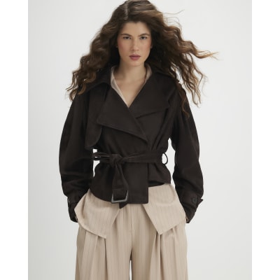 Brown Belted Faux Suede Cropped Trench Jacket