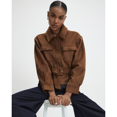 Brown Belted Faux Suede Jacket