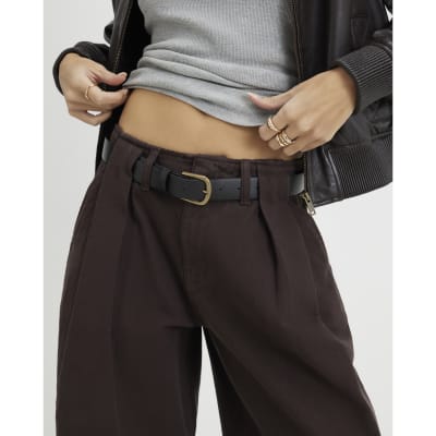 Brown Belted Pleated Wide Leg Jeans