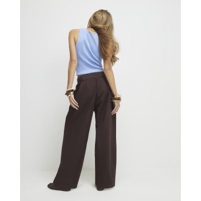 Brown Belted Wide Leg Poplin Trousers