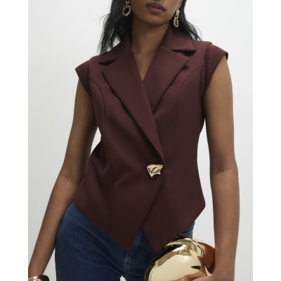 Brown Cap Sleeve Twill Waistcoat