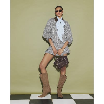 Brown Check Bubble Hem Bomber Jacket