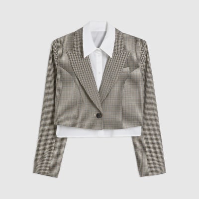 Brown Check Hybrid Cropped Blazer