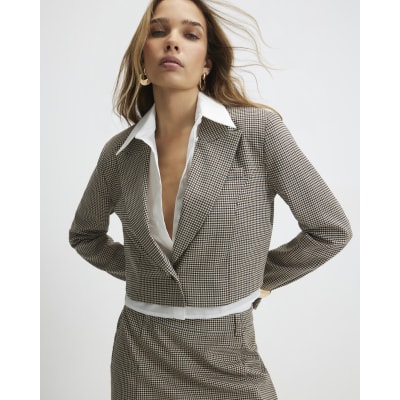 Brown Check Hybrid Cropped Blazer