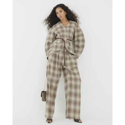 Brown Check Print Cocoon Sleeve Belted Blazer