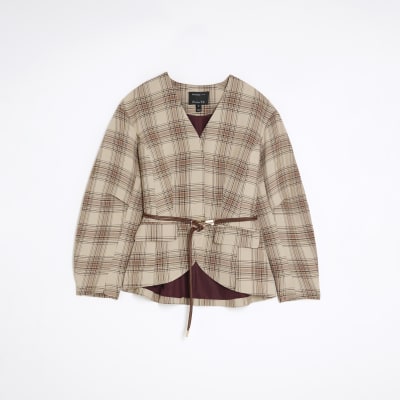 Brown Check Print Cocoon Sleeve Belted Blazer