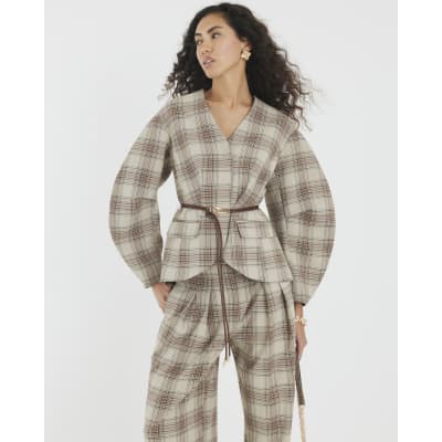 Brown Check Print Cocoon Sleeve Belted Blazer