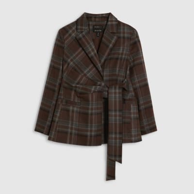 Brown Check Tie Waist Blazer