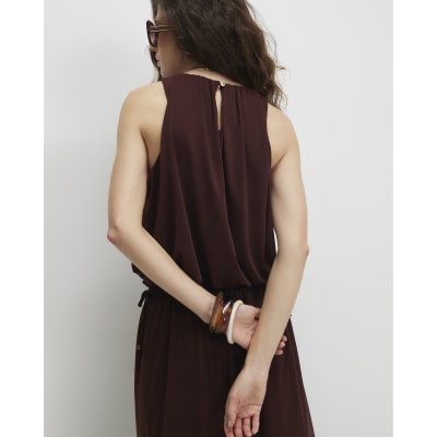 Brown Chiffon Bubble Hem Racer Top