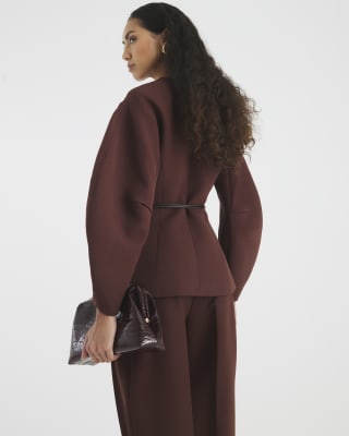 Brown Cocoon Sleeve Belted Blazer