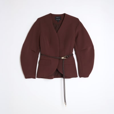 Brown Cocoon Sleeve Belted Blazer