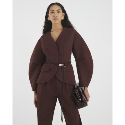 Brown Cocoon Sleeve Belted Blazer