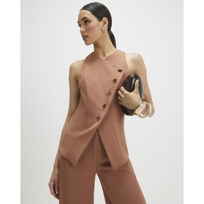 Brown Collarless Asymmetric Jumpsuit