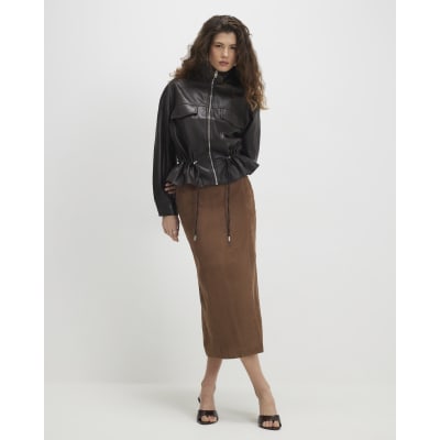 Brown Drawstring Funnel Neck Jacket