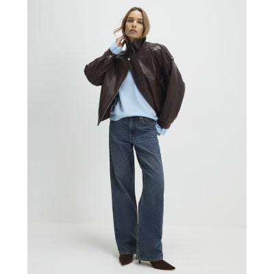 Brown Faux Leather Funnel Neck Jacket