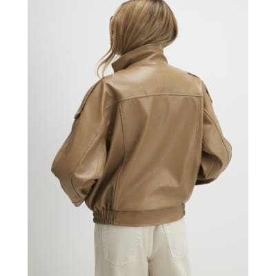 Brown Faux Leather Funnel Neck Jacket