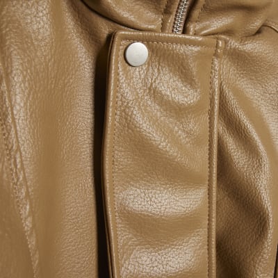 Brown Faux Leather Funnel Neck Jacket