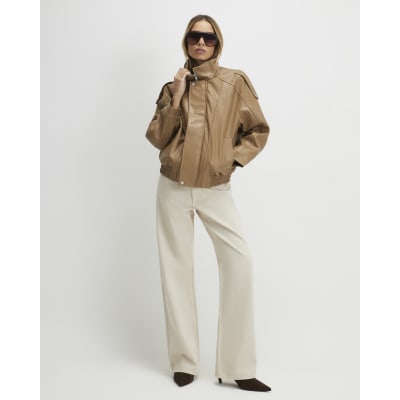 Brown Faux Leather Funnel Neck Jacket