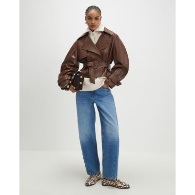 Brown Faux Leather Woven Trench jacket