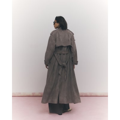 Brown Faux Suede Belted Trench Coat
