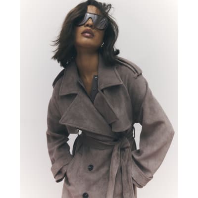 Brown Faux Suede Belted Trench Coat
