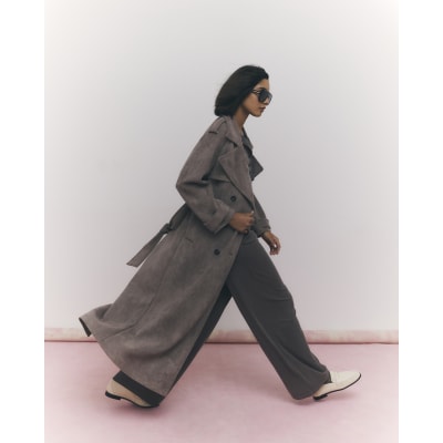 Brown Faux Suede Belted Trench Coat