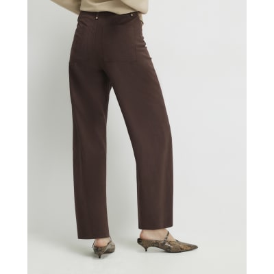 Brown Faux Suede Cropped Seam Front Trousers