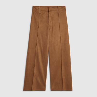 Brown Faux Suede Cropped Seam Front Trousers